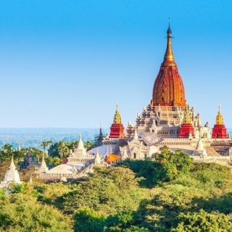 Ancient pagodas in Bagan with altitude balloon Myanmar