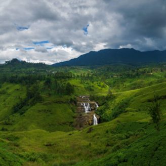 Tea plantation and Saint Clair Waterfall in Hill Country