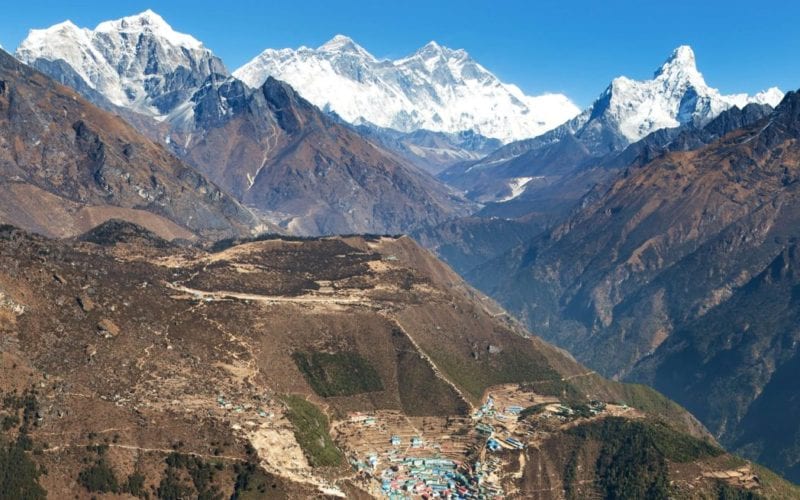AdobeStock_191112624 Everest, Lhotse, Ama Dablam and Namche Bazar from Kongde Nepal